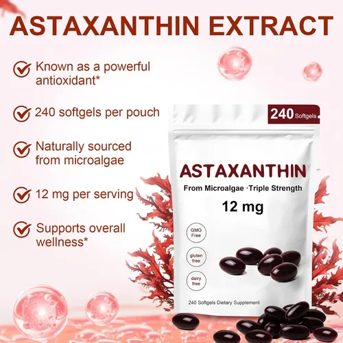 Miniatura 5 de Astaxantina 12 mg, suplementos antioxidantes de astaxantina premium con actividad antioxidante, apoya los ojos, el sistema inmunológico, la salud