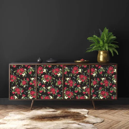Miniatura 7 de VaryPaper Papel tapiz vintage con diseño floral oscuro de rosas rojas, 17.7 x 78.7 pulgadas, papel de contacto floral rojo para paredes, armarios