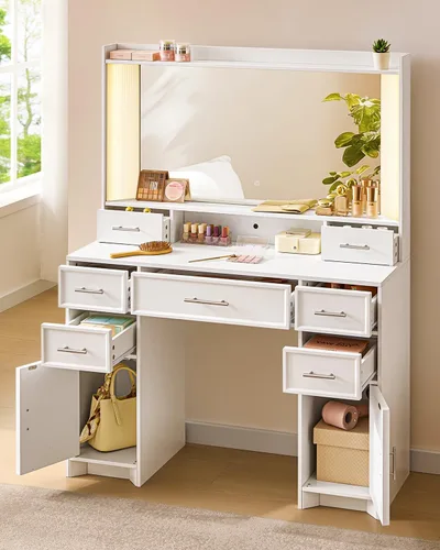 Miniatura 6 de AOGLLATI Escritorio de maquillaje con espejo y luces, mesa de tocador blanca con 3 luces de color, 7 cajones de almacenamiento y espejo grande