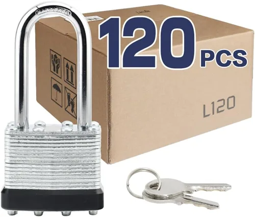 Miniatura 18 de LanuBe Candado laminado de 1-9/16 pulgadas (1.575 in) de largo grillete paquete de 2 llaves iguales, aro de plástico azul, cerraduras a granel