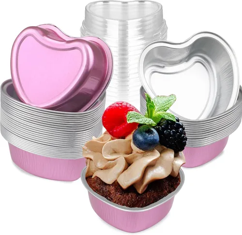 Miniatura 10 de Moldes para pasteles en forma de corazón de 3.5 pulgadas, molde de papel de aluminio con tapas, 25 piezas desechables de corazón pequeño