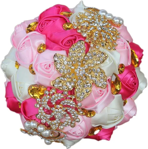 Miniatura 18 de Ramo de novia de 8 pulgadas con rosas de satén de 8 pulgadas con broches de cristal dorado hecho a medida, arreglo de centro de mesa, ramo azul real