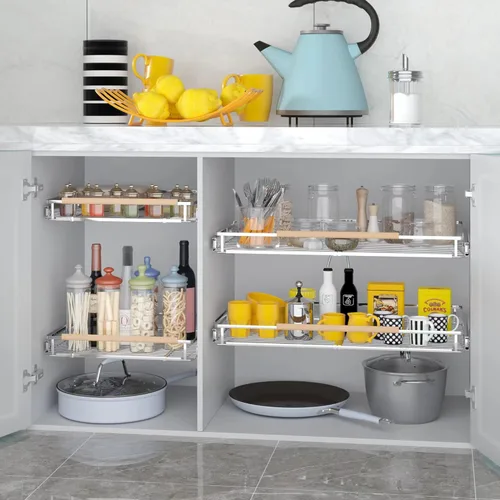 Miniatura 5 de Organizador de gabinete extraíble, estantes enrollables de metal de acero resistente para armarios de cocina, estantes extraíbles ajustables