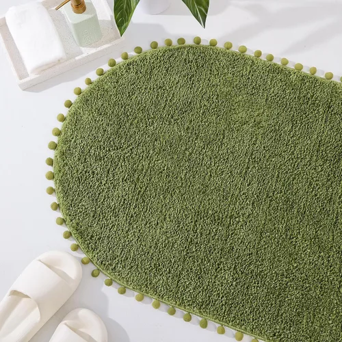 Miniatura 7 de YIRDDEO - Alfombra de baño verde oliva con pompones para baño, antideslizante, linda alfombra de baño boho con pompones ovalados absorbentes