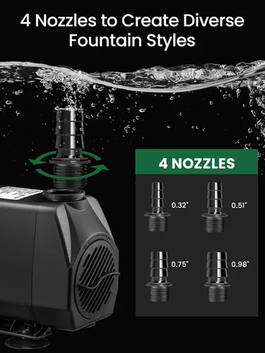 Miniatura 4 de GROWNEER Bomba sumergible de 950 GPH de 50 W, bomba de agua ultra silenciosa de 3600 l/h, con elevación de 9.8 pies, 4 boquillas para acuario