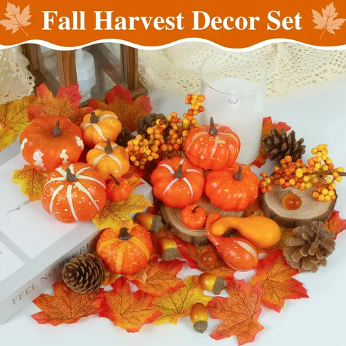Miniatura 5 de Juego de 51 mini calabazas artificiales para decoración de otoño, calabazas de plástico de espuma con hojas de otoño, pequeñas decoraciones de otoño