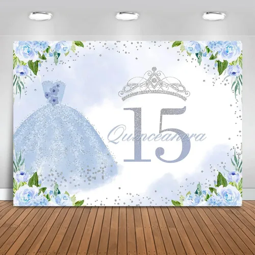 Mocsicka Telón de fondo de cumpleaños de quinceañera para niña, decoración de fiesta de cumpleaños con diseño floral azul de 15 años, fondo de