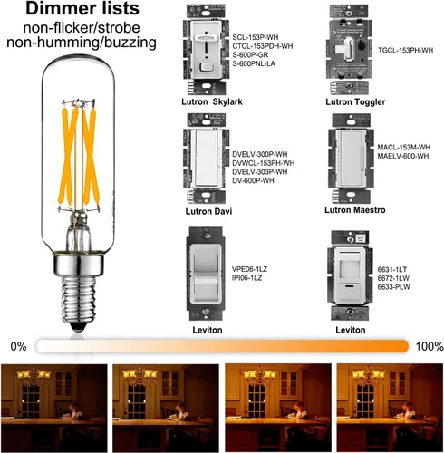 Miniatura 3 de LiteHistory - Bombilla LED regulable de 6 W, blanca cálida 2700 K, T6 T25 E12, candelabro, 60 W, para candelabros, ventilador de techo, candil