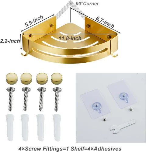 Miniatura 3 de Estante de esquina de baño dorado cepillado para montaje en pared, organizador de ducha, soporte para champú con ganchos, adhesivo o perforación