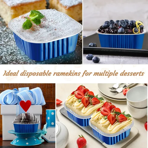 Miniatura 7 de 50 tazas de papel de aluminio para hornear con tapas, moldes cuadrados de 10 onzas para hornear, moldes desechables con tapas para flanes