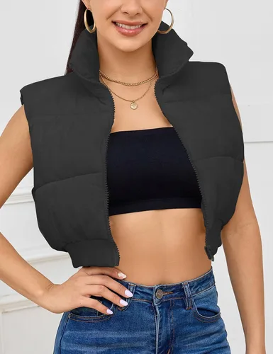Miniatura 2 de Flygo Chaleco acolchado recortado con cremallera y cuello alto sin mangas acolchado para mujer