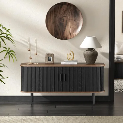Miniatura 11 de FiveWillowise Gabinete de Bar de Café Negro con Almacenamiento, Gabinete de Licores y Vinos Acanalado con Puertas Corredizas, Portavasos