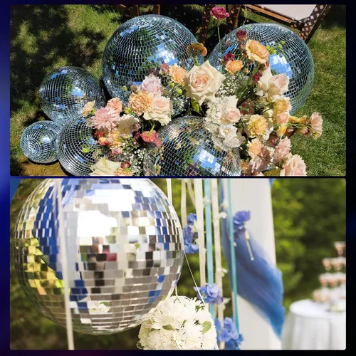 Miniatura 4 de MECCANIXITY Bola de espejo, 4, 6, 8 pulgadas, bolas de cristal para decoración de discoteca reflectantes con anillo para colgar, tono plateado
