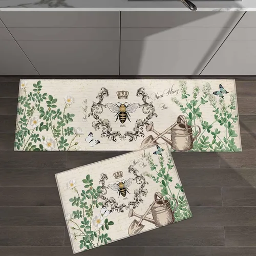 Miniatura 8 de T&H XHome Juego de 2 alfombras de cocina, diseño vintage de abejas de miel, girasol, antideslizantes, parte trasera de goma, tapetes acolchados