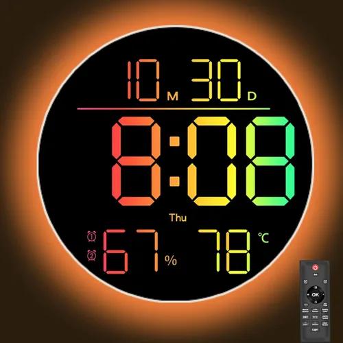 QINFIEY Reloj de pared LED de 10 pulgadas con luz ambiental RGB, atenuación automática, pantalla de color/hora/fecha/temperatura/humedad, alarma