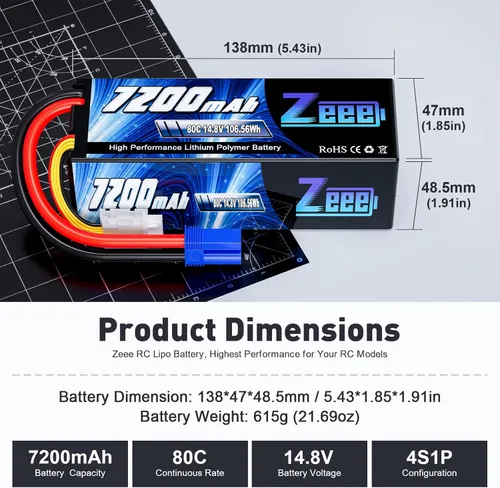 Miniatura 2 de Zeee 4S Lipo - Batería 7200mAh 14.8V 80C con conector EC5, carcasa rígida, batería RC para modelos RC Car Truck Tank Buggy Truggy RC Racing