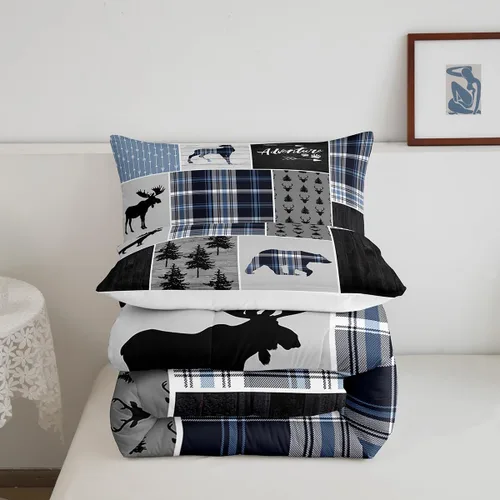 Miniatura 9 de Juego de edredón individual de aventura rústica para niños, juego de ropa de cama navideña de ciervos, osos y pinos para niños y adultos, decoración