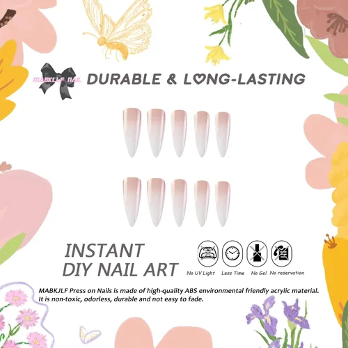 Miniatura 2 de Uñas postizas largas a presión estilo stiletto, uñas postizas francesas degradadas blancas, uñas postizas brillantes de cobertura completa