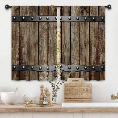 Cortinas rústicas de cocina con puerta de granero de 27.5 pulgadas de ancho x 39 pulgadas de largo, cortinas de tratamiento de ventanas pequeñas y