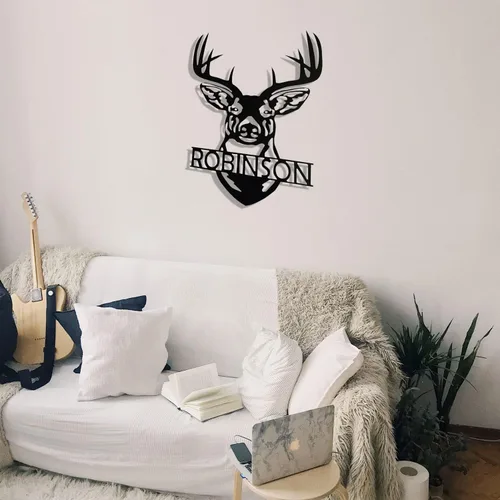Miniatura 5 de Letrero de metal con cabeza de ciervo, decoración de cabeza de ciervo, monograma personalizado, inspirado en cazador, arte de pared de metal