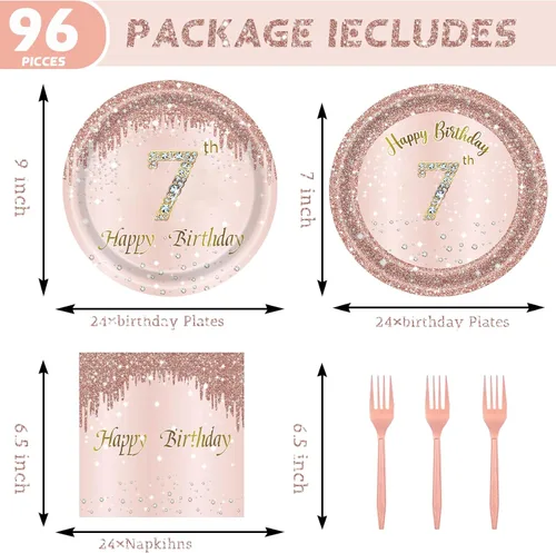 Miniatura 2 de Juego de 24 platos y servilletas, tenedores, suministros de fiesta para 7 años de edad, desechables, color oro rosa, para 24 invitados