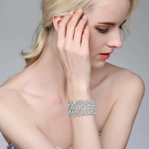 Miniatura 2 de BriLove Pulsera elástica de tenis con racimo de cristal nupcial para boda para mujer