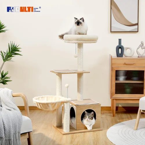 Miniatura 7 de PEQULTI - Torre para gatos moderna, árbol de gato de varios niveles para gatos de interior, casa de juego para gatos con gran condo, hamaca