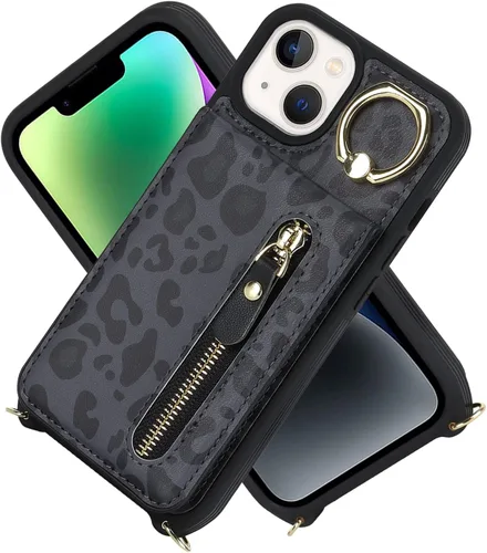 Miniatura 4 de Funda para iPhone 13 mini con tarjetero y correa para mujer, bolsa cruzada con soporte de anillo con cremallera para Apple 13mini, leopardo negro