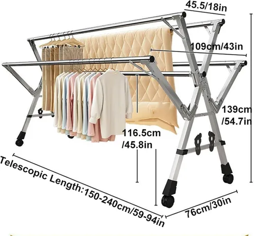 Miniatura 6 de Clothes Drying Rack - 5-Rod Heavy Duty Stainless Steel Retractable & Foldable Laundry Dryer, Portable Outdoor Indoor Drying Rack for Clothes with