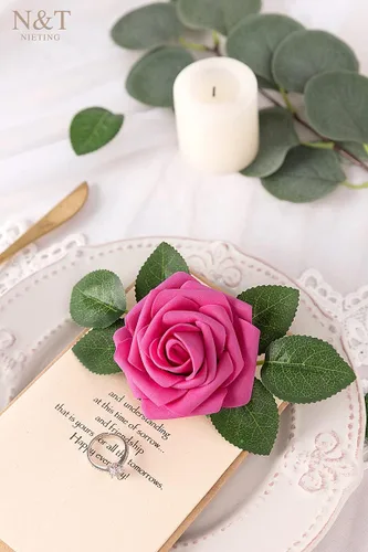 Miniatura 8 de N&T NIETING Flores artificiales, rosas artificiales de color rosa intenso, 50 piezas de flores falsas con tallo para ramos de boda DIY, centros