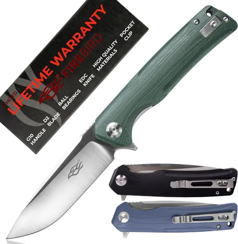 Firebird GANZO FH91-GB Cuchillo plegable de bolsillo con rodamientos de bolas, hoja de acero D2, mango ergonómico G10 antideslizante con clip, Verde