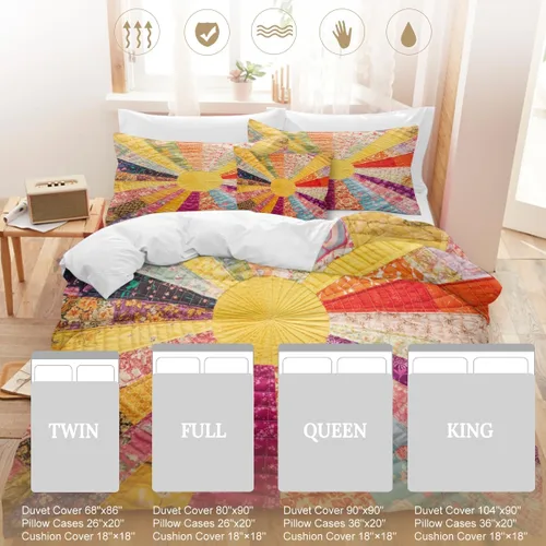 Miniatura 8 de Juego de funda de edredón bohemio de microfibra individual, juego de ropa de cama floral de retazos artesanales, estilo rústico moderno