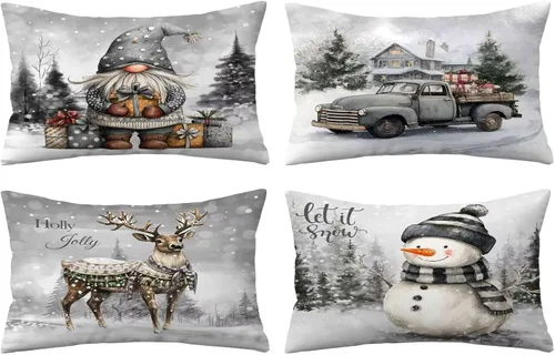 Miniatura 27 de Juego de 4 fundas de almohada de Navidad de 12 x 12 pulgadas, fundas de almohada de terciopelo de Navidad, fundas de almohada doradas y rojas