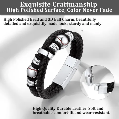 Miniatura 5 de Bestyle Mens Leather Bracelet with Stainless Steel BaseballSoccer Bead Bracelets for Men,Fashion Leather Bracelets for Men, Size 7.58.3Inch