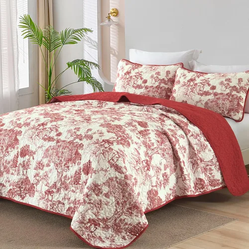 Miniatura 10 de WONGS BEDDING Juego de edredón botánico tamaño Queen, negro, 3 piezas, colcha con estampado floral de plantas Toile, juego de ropa de cama