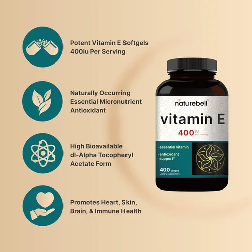Miniatura 3 de NatureBell Cápsulas blandas de aceite de vitamina E, 400iu por porción, 400 píldoras Suplementos antioxidantes esenciales, forma de fácil