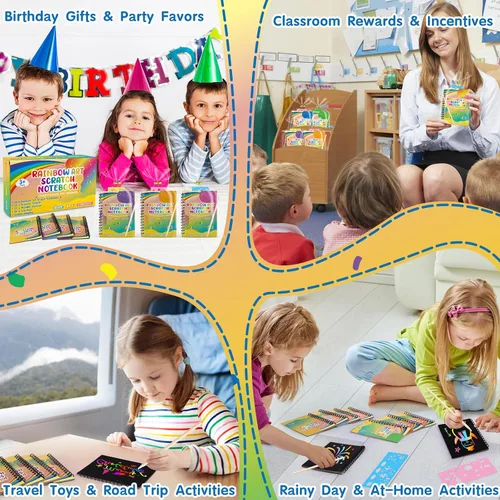 Miniatura 7 de YSCare Artículos de Fiesta de Arte de Rascar para Niños: 16 Pack Cuaderno de Arte de Rascar Arcoíris, Kit de Manualidades y Artesanías, Bolsas