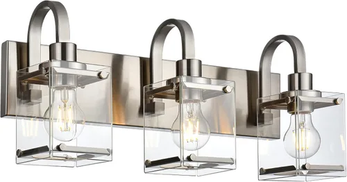 Lámparas de tocador de baño de 3 luces, modernas luces de tocador con pantalla de vidrio transparente, lámpara de pared de níquel cepillado para