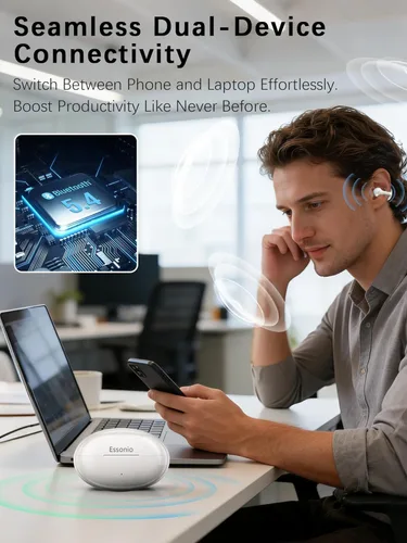 Miniatura 6 de Essonio Auriculares de oreja abierta ENC AI Auriculares de conducción de aire 68 horas de reproducción, sonido estéreo, control táctil, auriculares