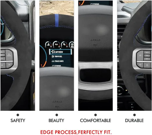 Miniatura 5 de MEWANT Funda de volante de automóvil brillante de fibra de carbono y gamuza cosida a mano para Ford F-150 2021-2023 / F-150 Lightning 2022-2023