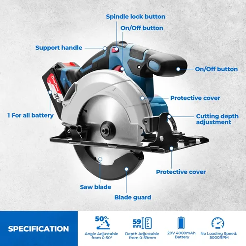 Miniatura 7 de Dong Cheng Sierra Circular Inalámbrica de 6-1/2 Pulgadas 840W, Profundidad de Corte 59mm, Ajustable de 0-50° con Adaptador de Recolección de Polvo