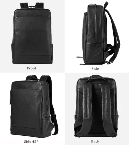 Miniatura 4 de Mochila para portátil de cuero genuino de 15.6 pulgadas para hombres y mujeres, mochila de viaje de negocios, mochila de senderismo (1#negro)