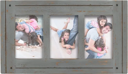 Prinz Homestead Marco de fotos gris de 3 aperturas para collage de fotos de 4 x 6 pulgadas, caballete de madera envejecida de dos vías para mesa