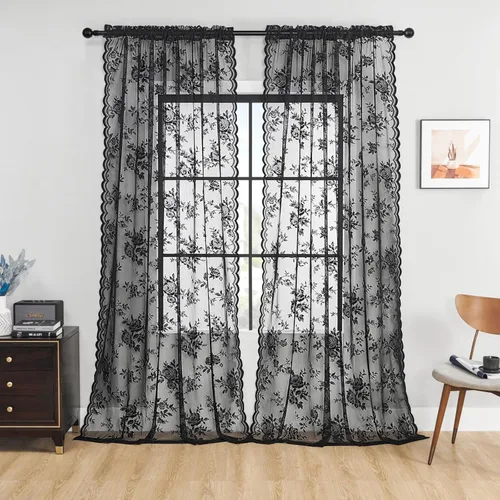 SEEKRIGHT - 2 paneles de cortinas traslúcidas de encaje negro, cortinas góticas florales, cortinas victorianas con bolsillo para cortinero para