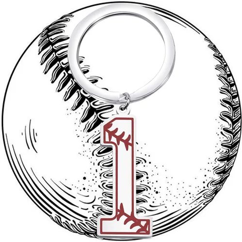 Miniatura 5 de FAADBUK Llavero de béisbol con inicial de béisbol 0-9, joyería de números de la suerte para hombres y mujeres, Metal, Acero inoxidable