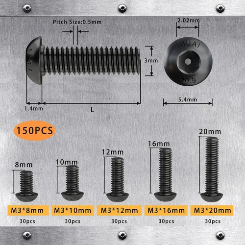 Miniatura 2 de Tornillos de cabeza de botón M3 x 0.315 in, 0.394 in, 0.472 in, 0.630 in, 0.787 in, cabeza de botón, acero de aleación de grado 10.9, unidad