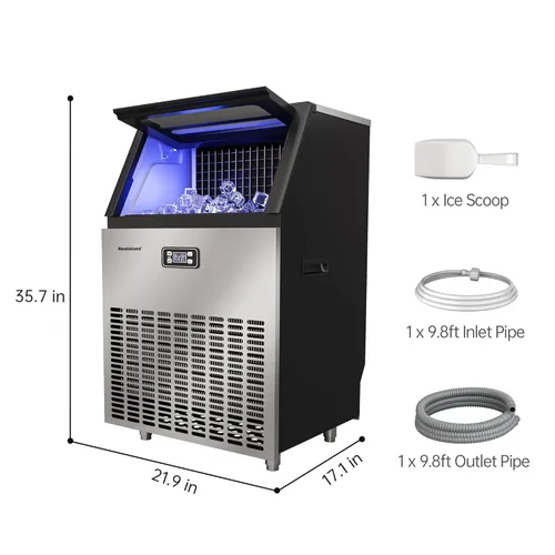 Miniatura 6 de Máquina comercial para hacer hielo, 270 libras/24 horas, contenedor de almacenamiento de 48 libras, acero inoxidable, luz azul, independiente, ideal