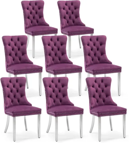 Miniatura 96 de Juego de 4 sillas de comedor de terciopelo, sillas de comedor tapizadas con ribete de cabeza de clavo y patas de madera maciza para cocina