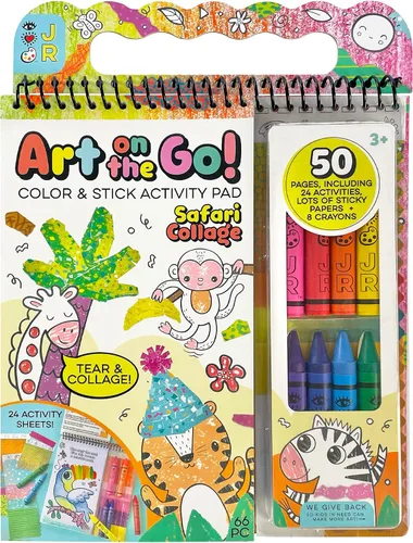 Bright Stripes Art on The Go Collage Fun Jungle Theme Travel Kit para niños a partir de 3 años | Actividad sin desorden con crayones y calcomanías