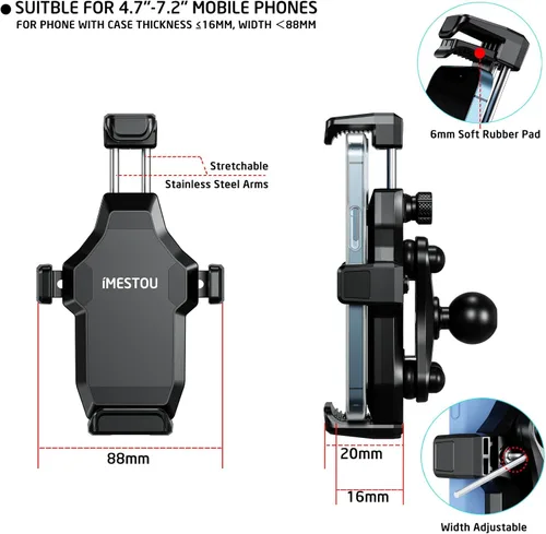 Miniatura 6 de iMESTOU - Soporte de teléfono para motocicleta antivibración, 1 pulgada de bola para manillar, antirrobo y rotación de 360°, se adapta a teléfonos